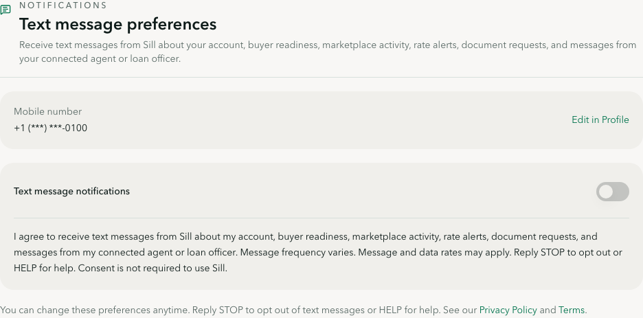 Sill app settings showing the Text message preferences section with the opt-in toggle off and the consent disclosure displayed beside it