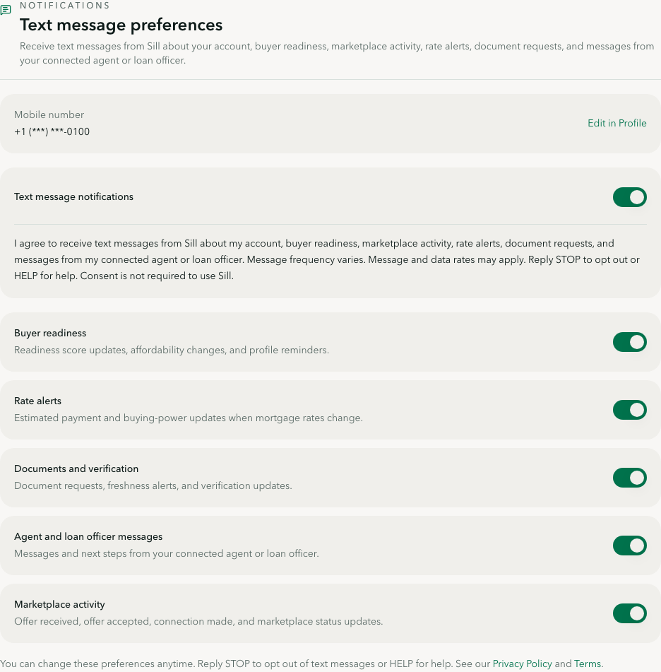 Sill app settings showing the Text message preferences section after opt-in, with the master toggle on and per-category toggles revealed