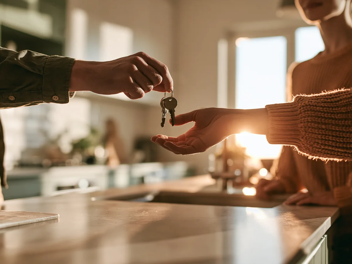 Close-up of a house key being handed from one person to another in a sunlit kitchen.