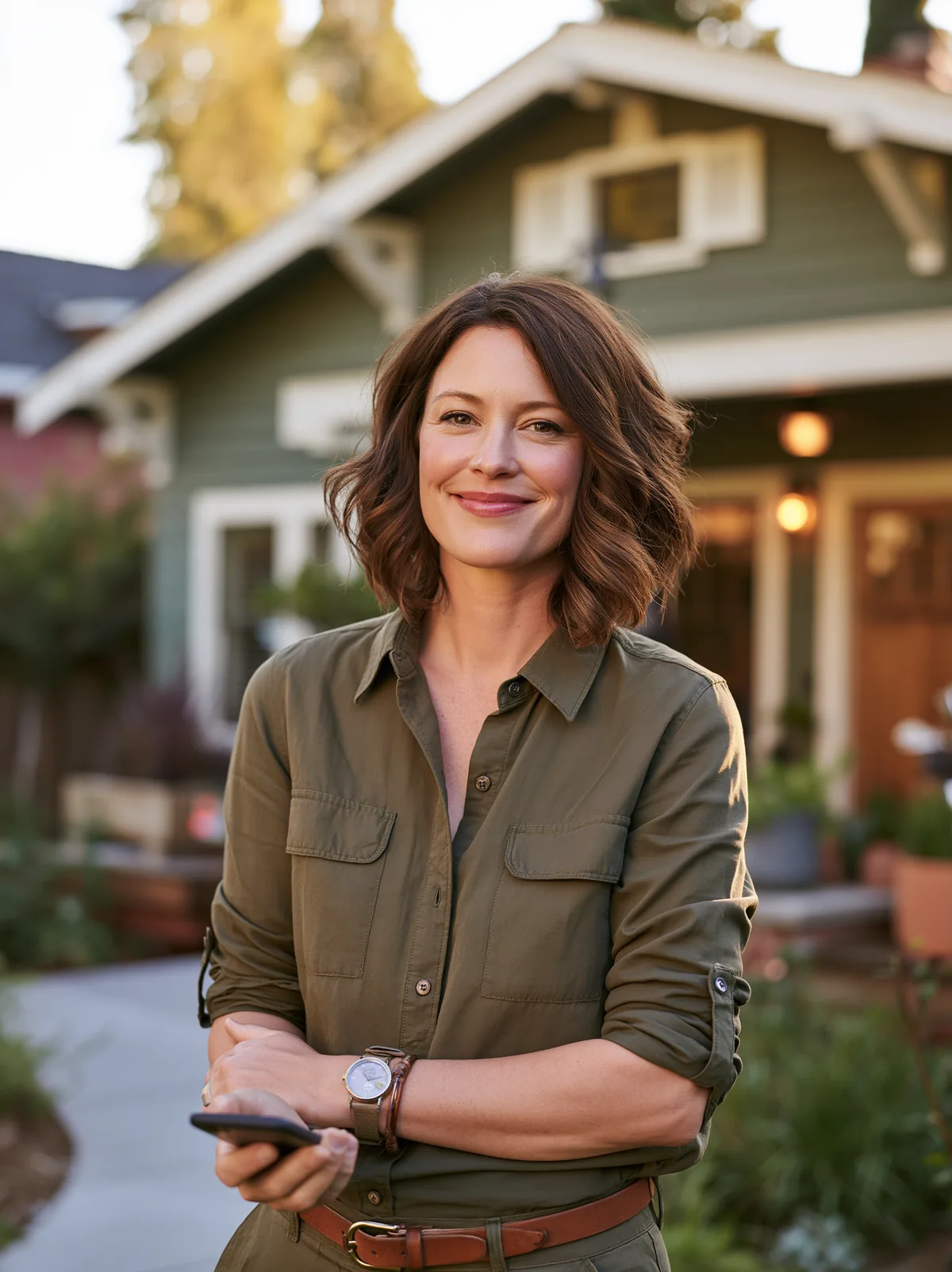 A smiling real estate agent in an olive shirt, holding a phone, standing in front of a craftsman-style house.