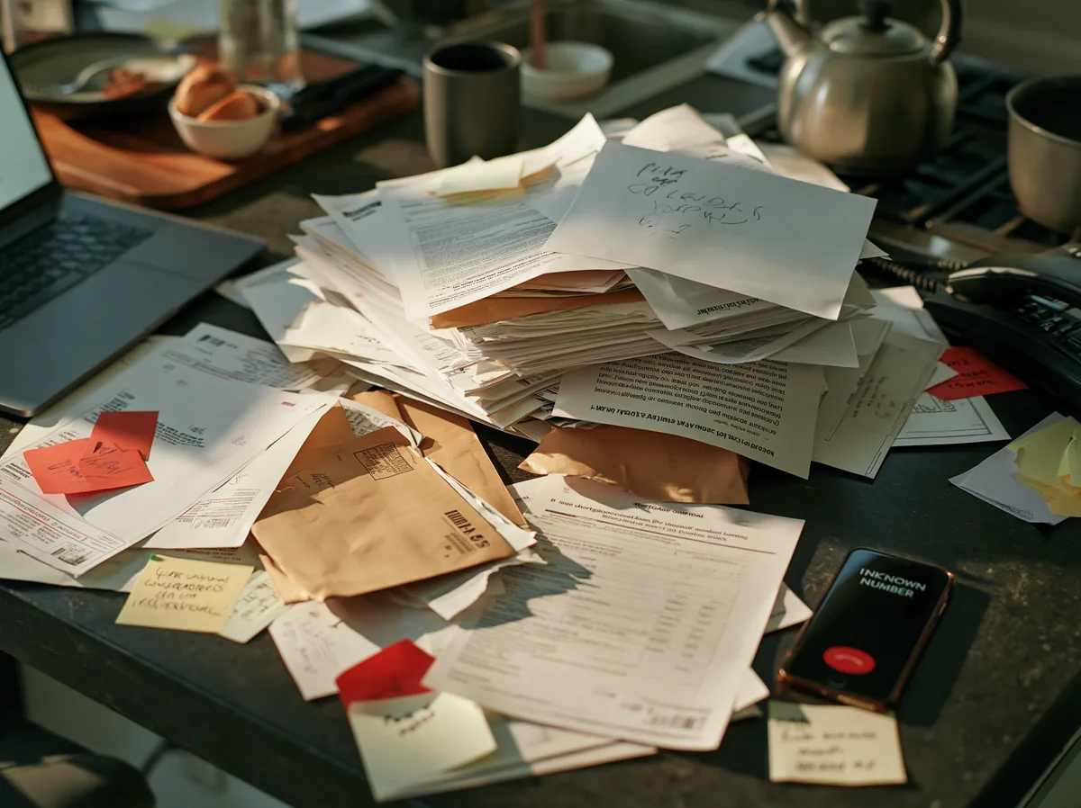 A cluttered kitchen counter buried in mortgage paperwork, envelopes, and sticky notes, with a phone showing an unknown-number call.